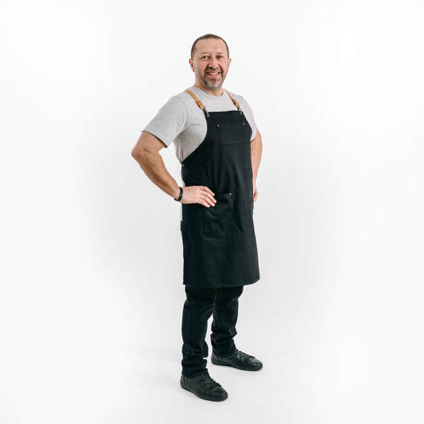 černá zástěra na vaření s koženými popruhy, kuchyňská zástěra