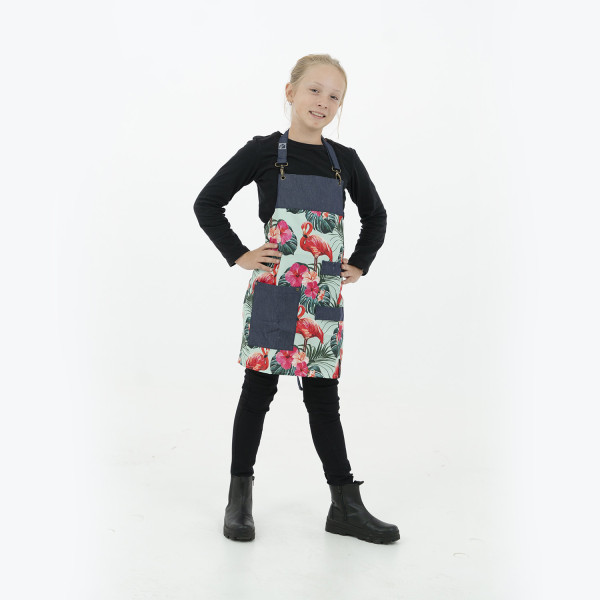 Dětská zástěra Flamingos – hravá kuchařská zástěra s tropickým vzorem